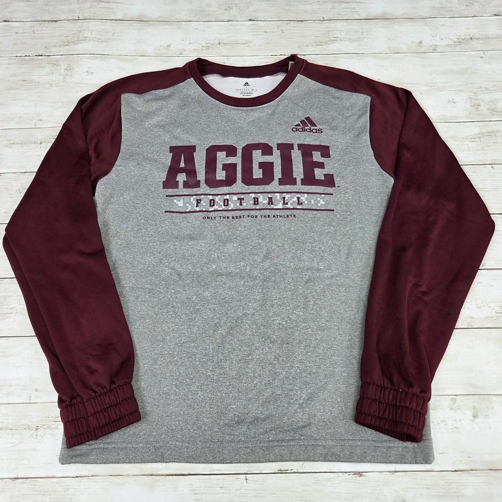 Adidas Sweatshirt Mens Small Grey Maroon Aggie Football‎ HI3139 Raglan Fleece